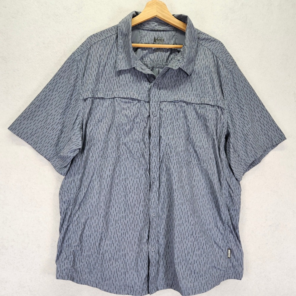 REI Co-op Sahara Hiking Fishing Shirt Mens Sz XL Blue Nylon Blend Tree Print